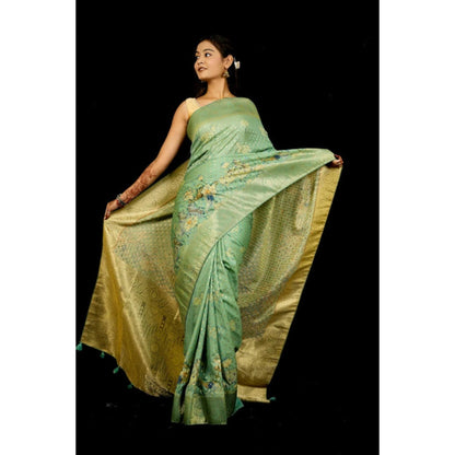 Isadora Life Womens Printed Green Pre-Draped Saree With Unstitched Blouse