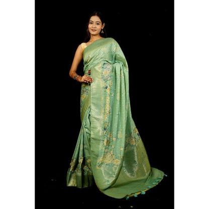 Isadora Life Womens Printed Green Pre-Draped Saree With Unstitched Blouse
