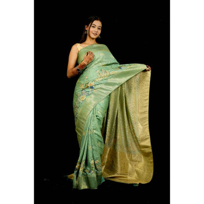 Isadora Life Womens Printed Green Pre-Draped Saree With Unstitched Blouse