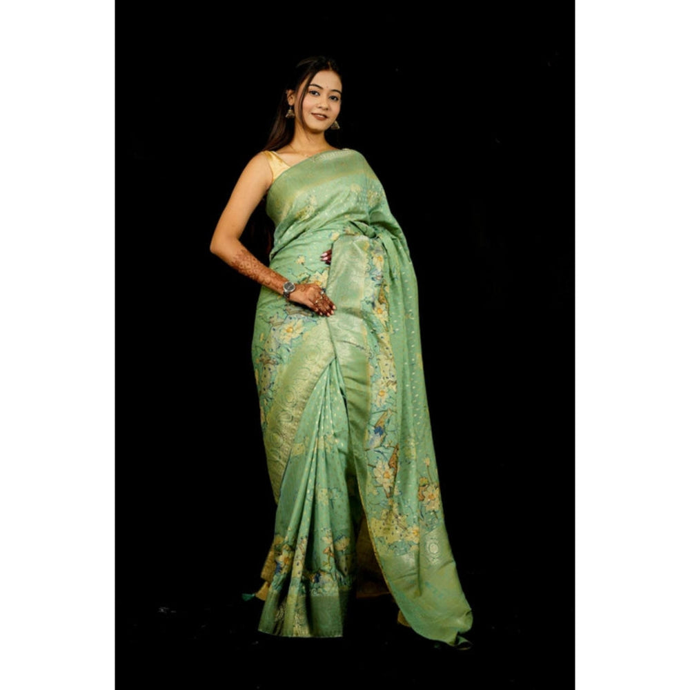 Isadora Life Womens Printed Green Pre-Draped Saree With Unstitched Blouse