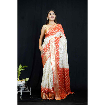 Isadora Life Womens Zari Printed White Pre-Draped Saree With Unstitched Blouse