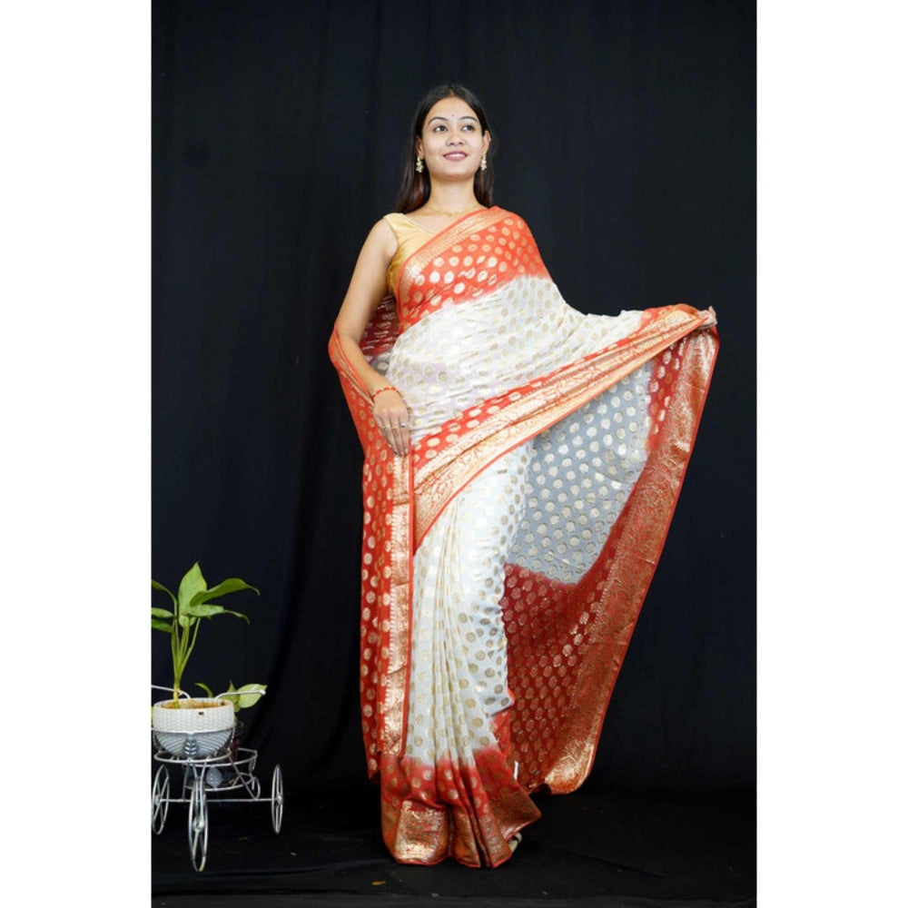 Isadora Life Womens Zari Printed White Pre-Draped Saree With Unstitched Blouse