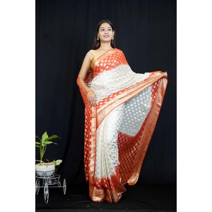 Isadora Life Womens Zari Printed White Pre-Draped Saree With Unstitched Blouse