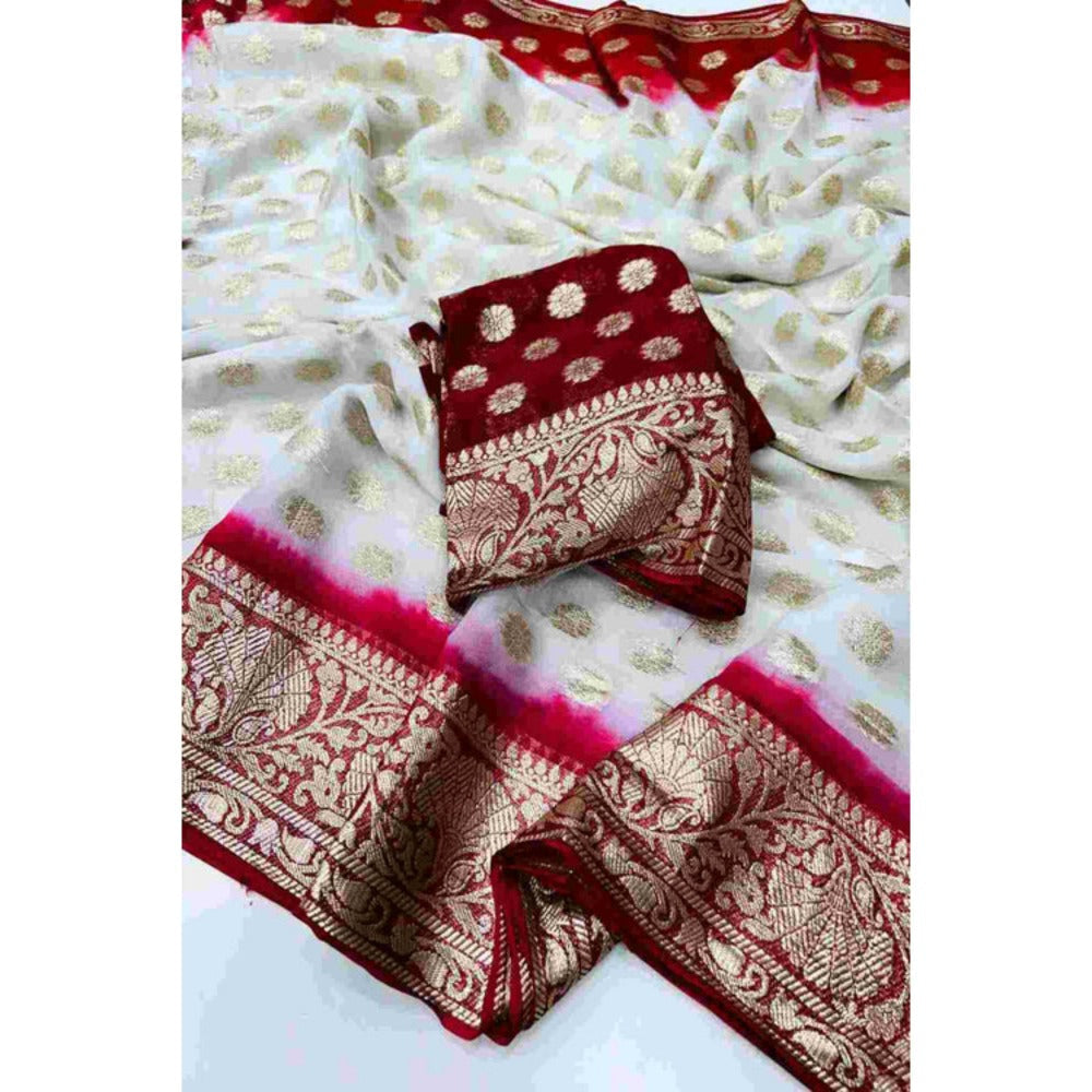 Isadora Life Womens Zari Printed White Pre-Draped Saree With Unstitched Blouse