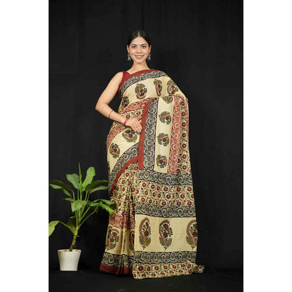 Isadora Life Womens Printed Beige Pre-Draped Saree With Unstitched Blouse