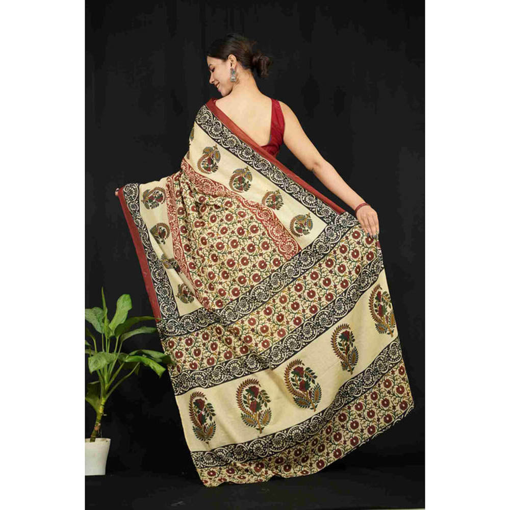 Isadora Life Womens Printed Beige Pre-Draped Saree With Unstitched Blouse