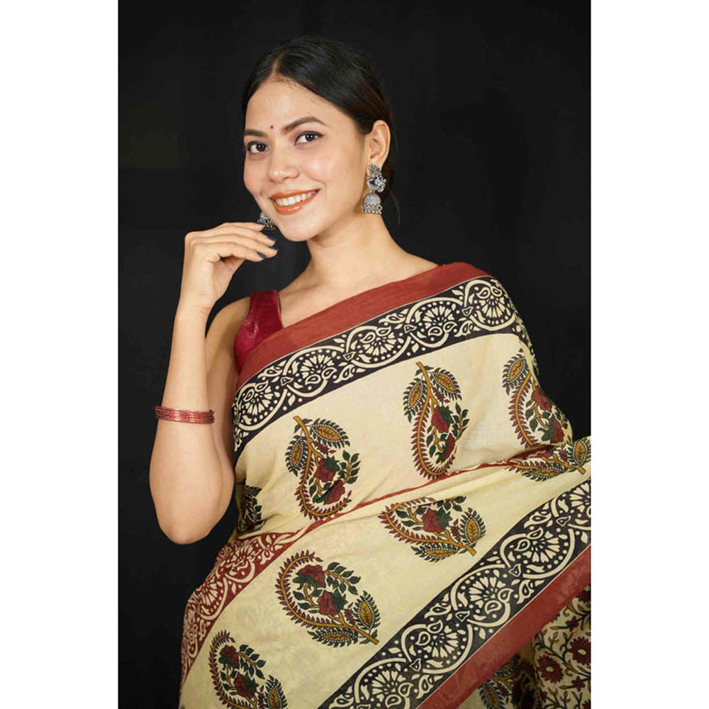 Isadora Life Womens Printed Beige Pre-Draped Saree With Unstitched Blouse