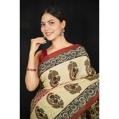 Isadora Life Womens Printed Beige Pre-Draped Saree With Unstitched Blouse