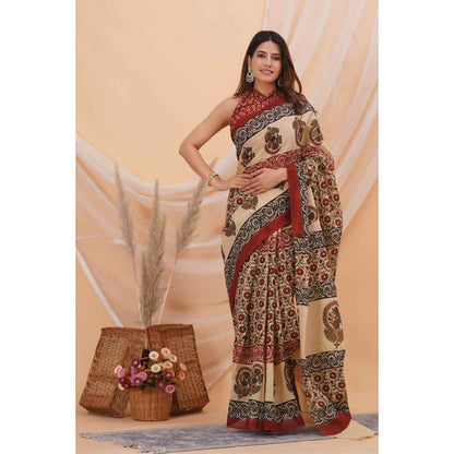 Isadora Life Womens Printed Beige Pre-Draped Saree With Unstitched Blouse