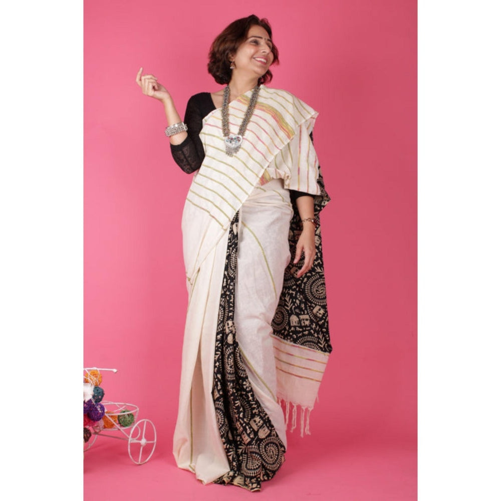 Isadora Life Womens Printed Stripes White Pre-Draped Saree With Unstitched Blouse