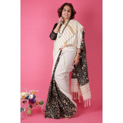 Isadora Life Womens Printed Stripes White Pre-Draped Saree With Unstitched Blouse