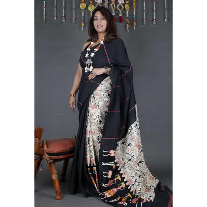 Isadora Life Womens Printed Black Pre-Draped Saree With Unstitched Blouse