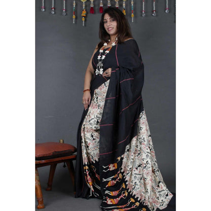 Isadora Life Womens Printed Black Pre-Draped Saree With Unstitched Blouse