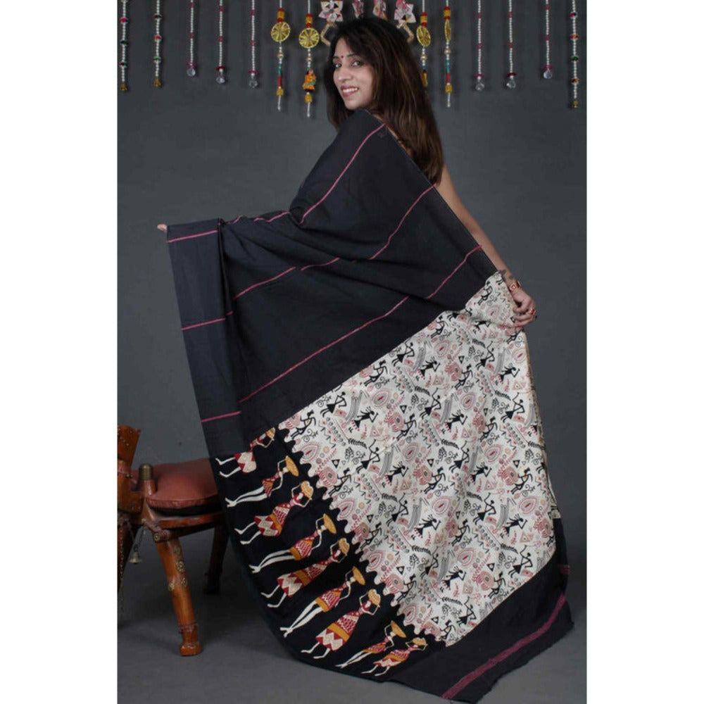Isadora Life Womens Printed Black Pre-Draped Saree With Unstitched Blouse