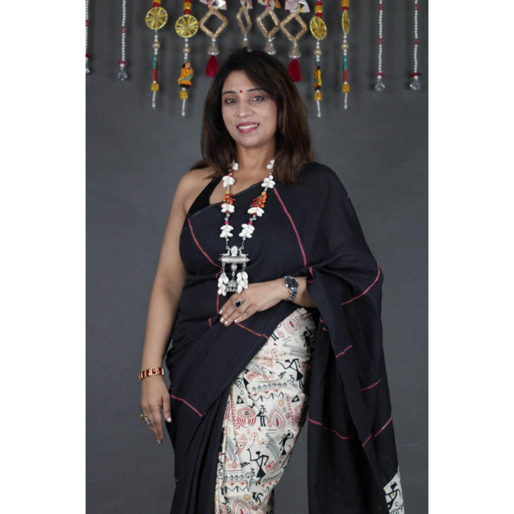 Isadora Life Womens Printed Black Pre-Draped Saree With Unstitched Blouse