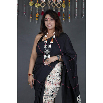 Isadora Life Womens Printed Black Pre-Draped Saree With Unstitched Blouse