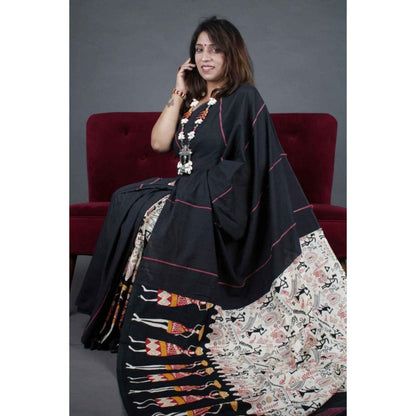 Isadora Life Womens Printed Black Pre-Draped Saree With Unstitched Blouse
