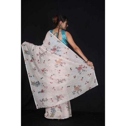 Isadora Life Womens Floral Printed Off White Pre-Draped Saree With Unstitched Blouse