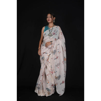 Isadora Life Womens Floral Printed Off White Pre-Draped Saree With Unstitched Blouse