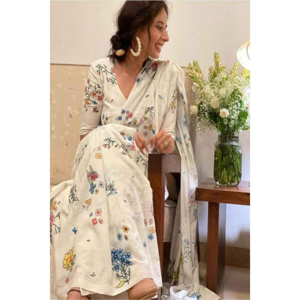 Isadora Life Womens Floral Printed Off White Pre-Draped Saree With Unstitched Blouse