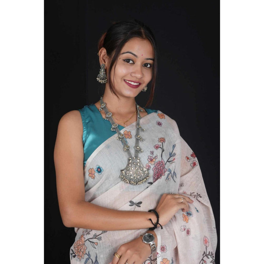 Isadora Life Womens Floral Printed Off White Pre-Draped Saree With Unstitched Blouse