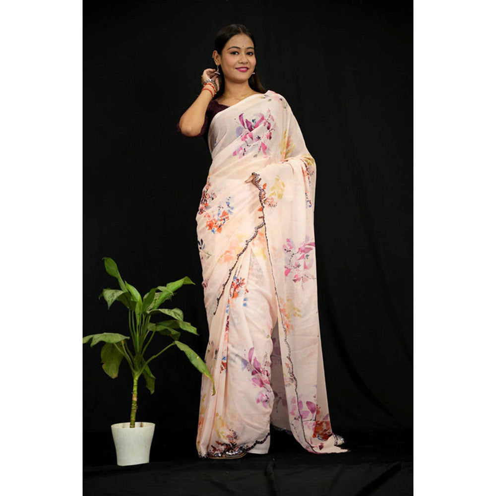 Isadora Life Womens Floral Mirror Work Peach Pre-Draped Saree With Unstitched Blouse