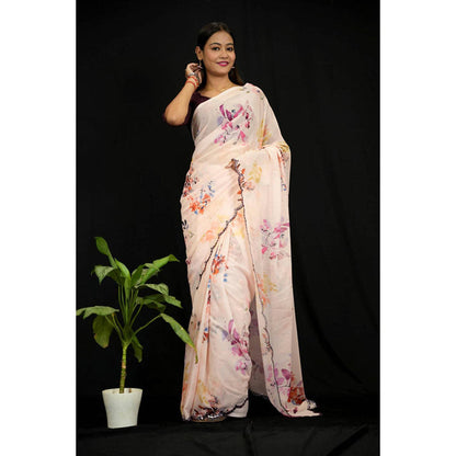 Isadora Life Womens Floral Mirror Work Peach Pre-Draped Saree With Unstitched Blouse