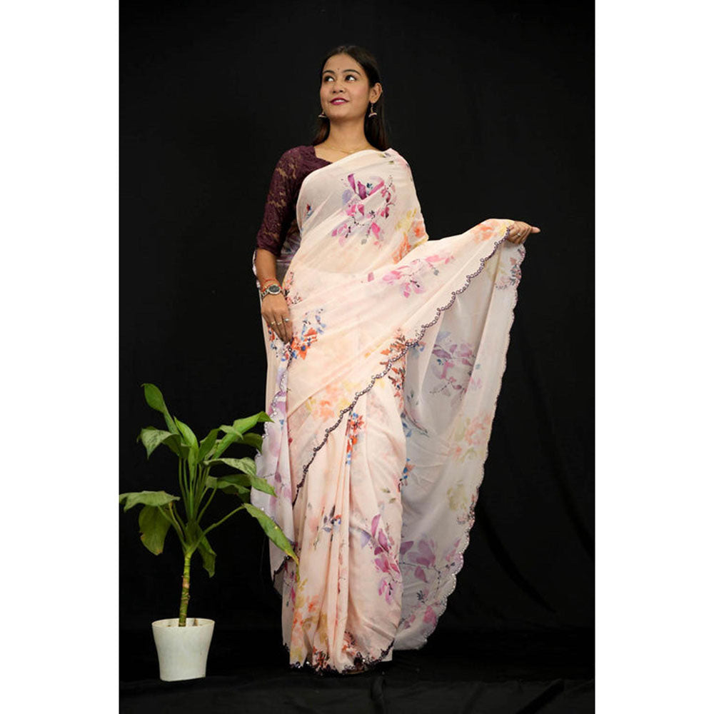 Isadora Life Womens Floral Mirror Work Peach Pre-Draped Saree With Unstitched Blouse