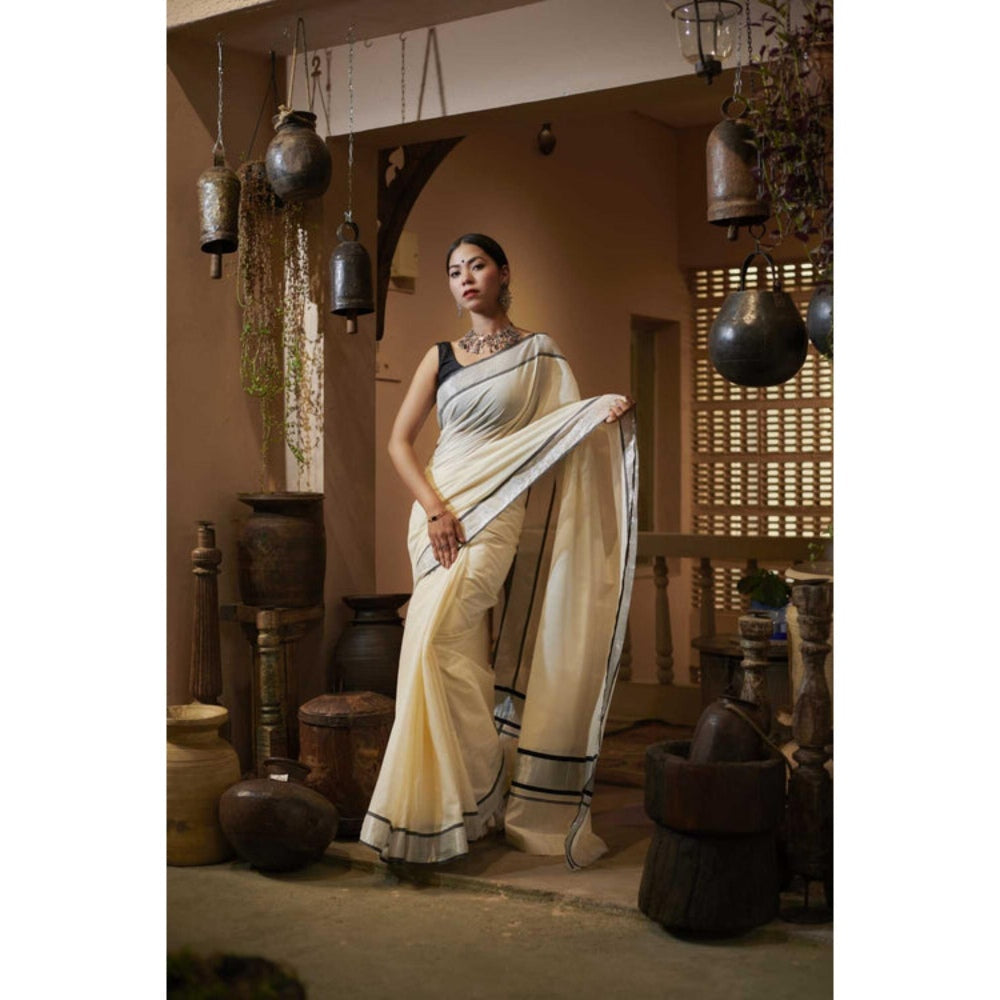 Isadora Life Womens Solid Zari Ivory Pre-Draped Saree With Unstitched Blouse