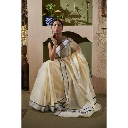 Isadora Life Womens Solid Zari Ivory Pre-Draped Saree With Unstitched Blouse