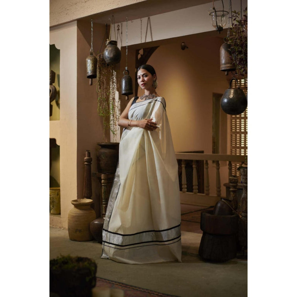 Isadora Life Womens Solid Zari Ivory Pre-Draped Saree With Unstitched Blouse