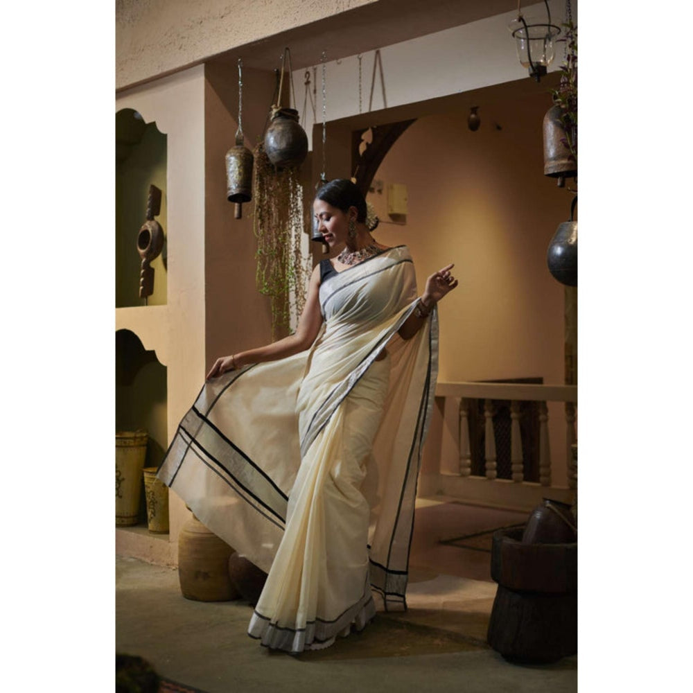 Isadora Life Womens Solid Zari Ivory Pre-Draped Saree With Unstitched Blouse