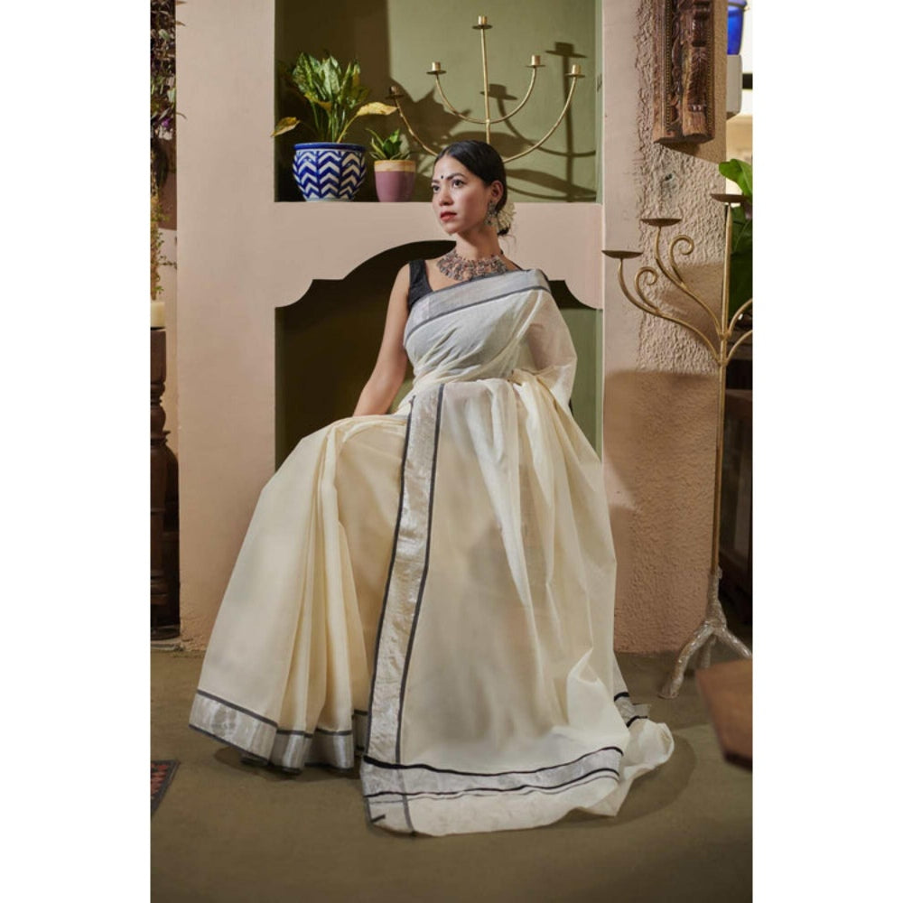 Isadora Life Womens Solid Zari Ivory Pre-Draped Saree With Unstitched Blouse