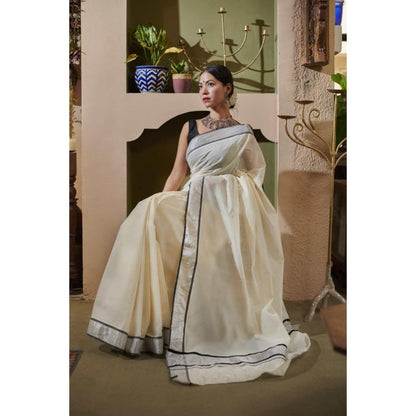 Isadora Life Womens Solid Zari Ivory Pre-Draped Saree With Unstitched Blouse