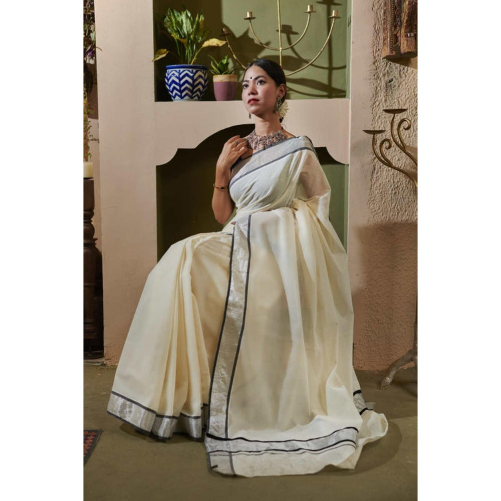 Isadora Life Womens Solid Zari Ivory Pre-Draped Saree With Unstitched Blouse