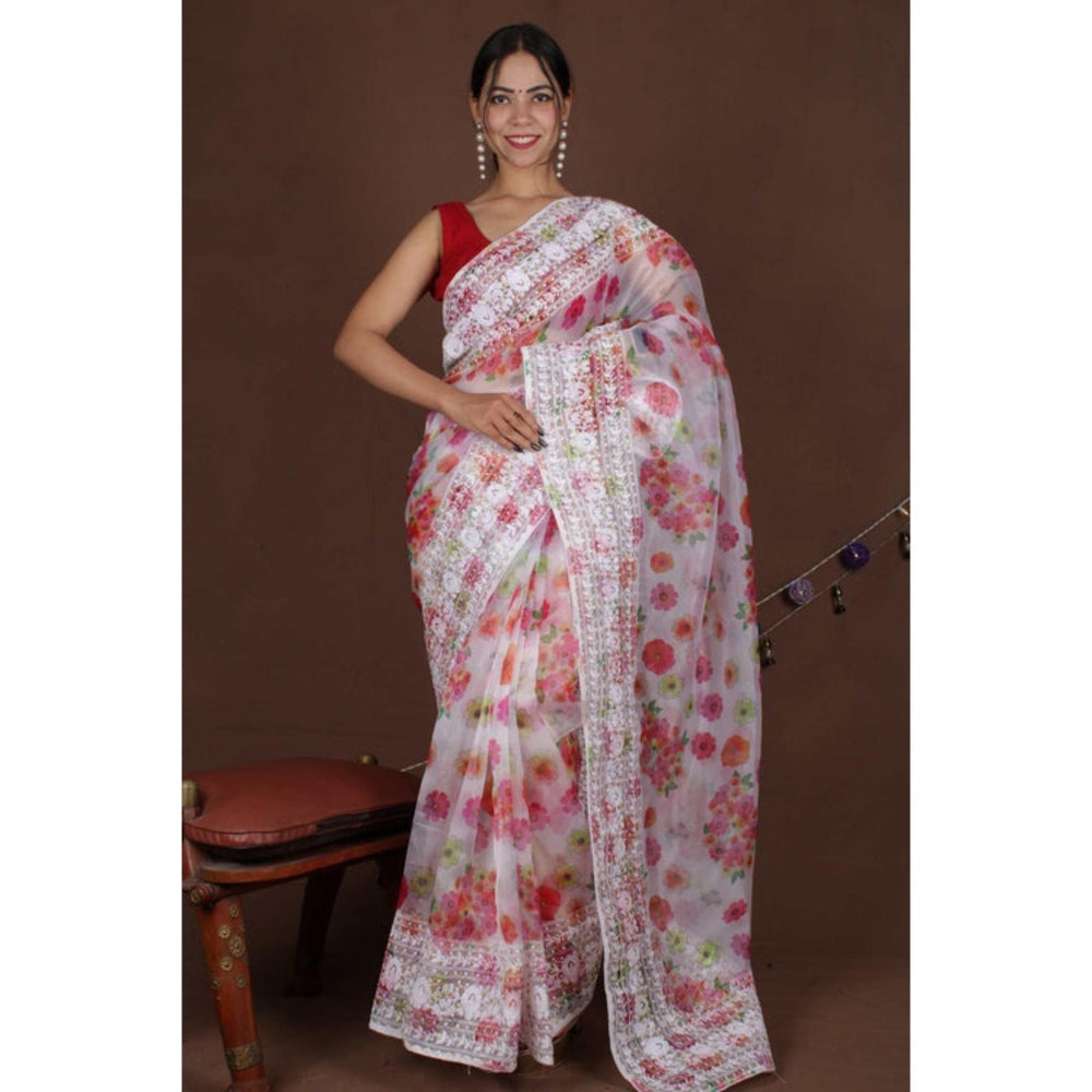 Isadora Life Womens Floral Embroidered White Pre-Draped Saree With Unstitched Blouse