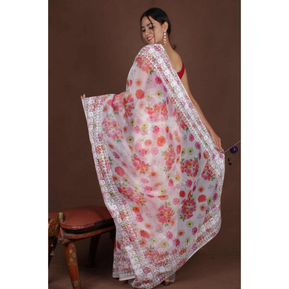 Isadora Life Womens Floral Embroidered White Pre-Draped Saree With Unstitched Blouse