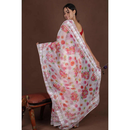 Isadora Life Womens Floral Embroidered White Pre-Draped Saree With Unstitched Blouse