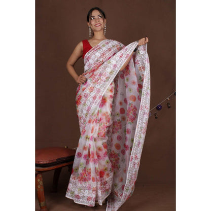 Isadora Life Womens Floral Embroidered White Pre-Draped Saree With Unstitched Blouse
