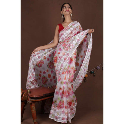 Isadora Life Womens Floral Embroidered White Pre-Draped Saree With Unstitched Blouse