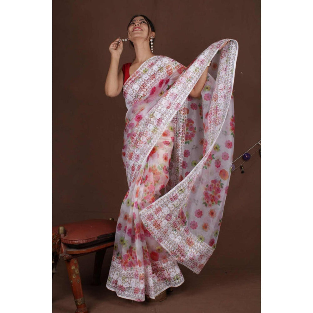 Isadora Life Womens Floral Embroidered White Pre-Draped Saree With Unstitched Blouse