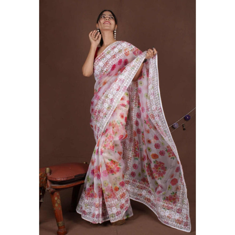 Isadora Life Womens Floral Embroidered White Pre-Draped Saree With Unstitched Blouse