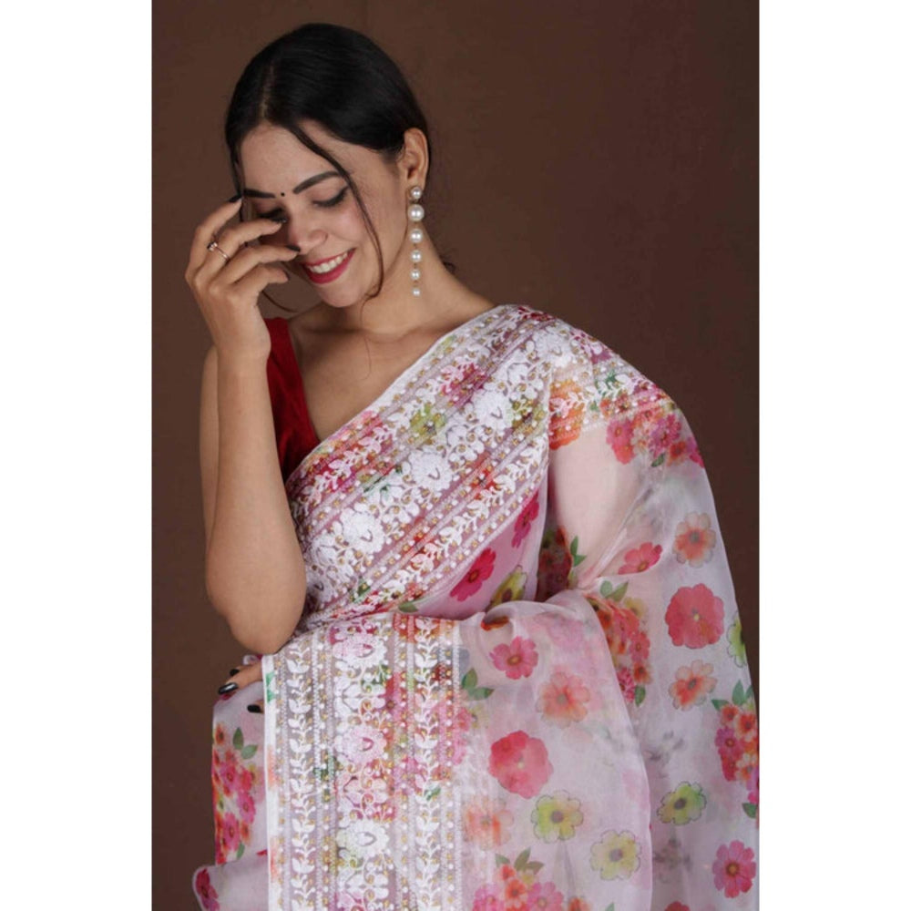 Isadora Life Womens Floral Embroidered White Pre-Draped Saree With Unstitched Blouse