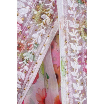 Isadora Life Womens Floral Embroidered White Pre-Draped Saree With Unstitched Blouse