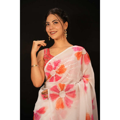 Isadora Life Womens Floral Printed White Pre-Draped Saree With Unstitched Blouse