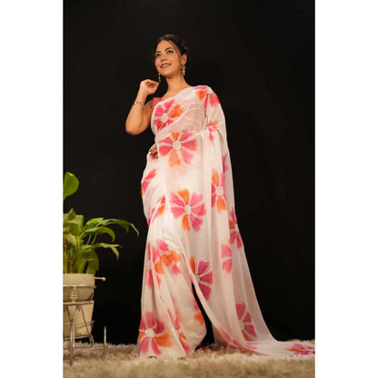 Isadora Life Womens Floral Printed White Pre-Draped Saree With Unstitched Blouse