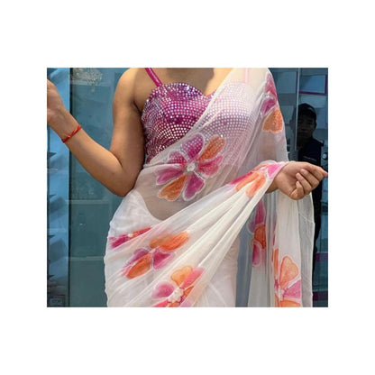 Isadora Life Womens Floral Printed White Pre-Draped Saree With Unstitched Blouse