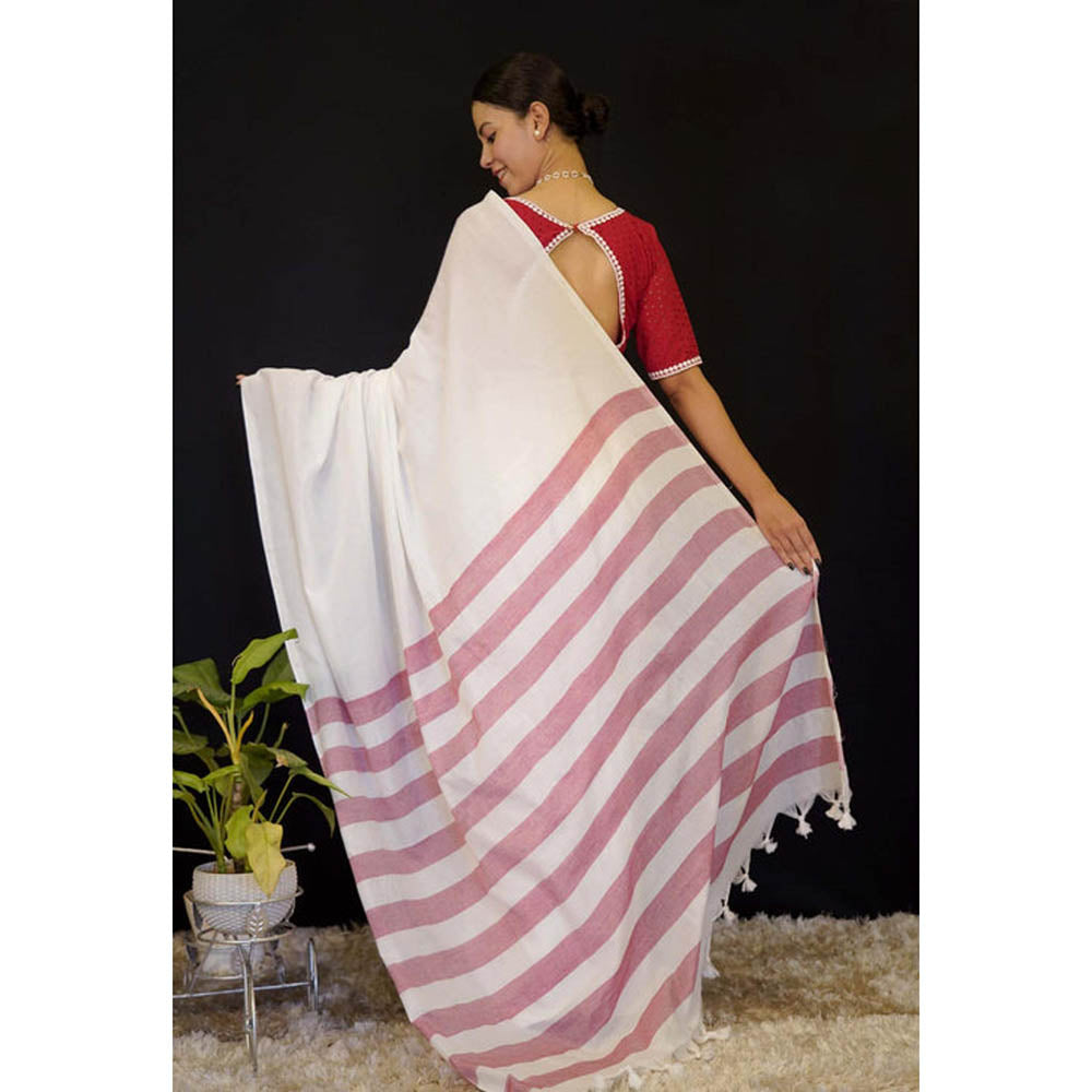 Isadora Life Womens Stripes Tassels White Pre-Draped Saree With Unstitched Blouse