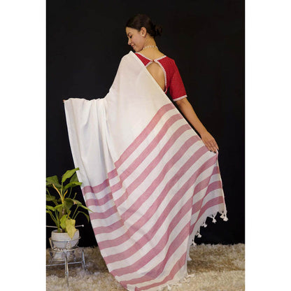 Isadora Life Womens Stripes Tassels White Pre-Draped Saree With Unstitched Blouse