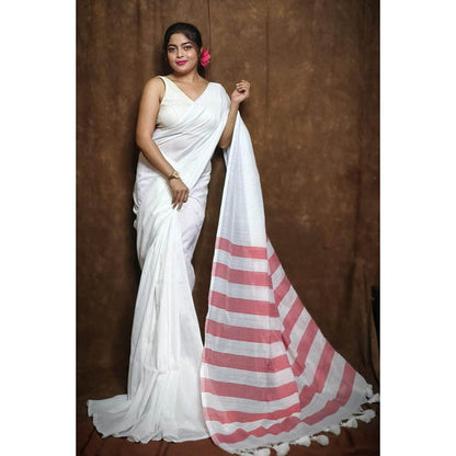 Isadora Life Womens Stripes Tassels White Pre-Draped Saree With Unstitched Blouse